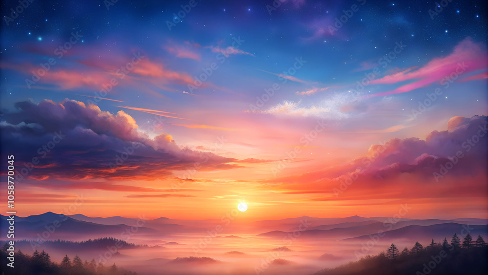 Breathtaking sunset over a colorful sky and misty landscape, serene natural beauty
Breathtaking sunset over a colorful sky and misty landscape, serene natural beauty
