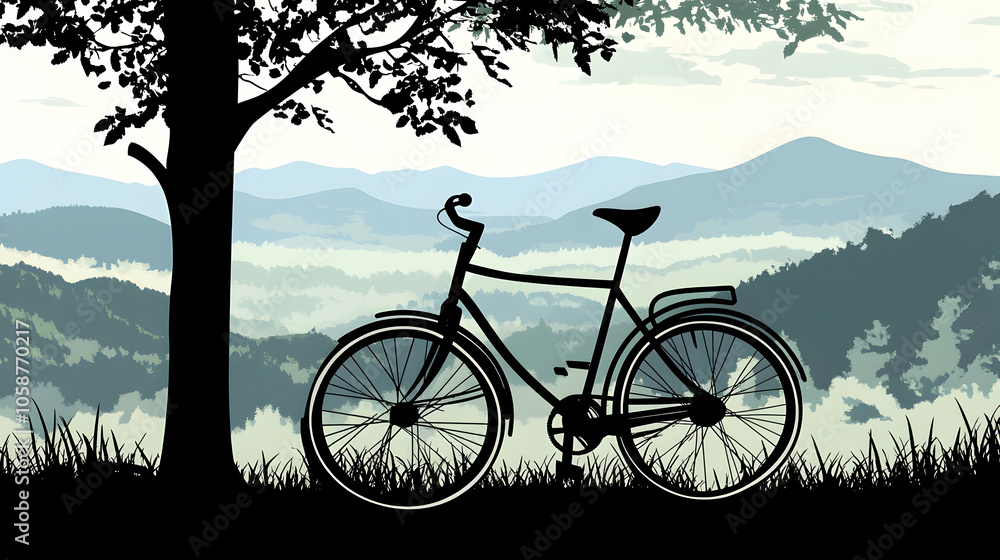 Obraz premium Silhouette of a bicycle parked under a tree in a mountain landscape.