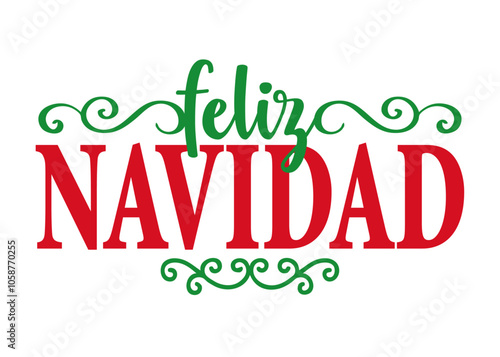 Logo de Navidad. Banner con mensaje Feliz Navidad en español con florituras de adorno para tarjetas y felicitaciones