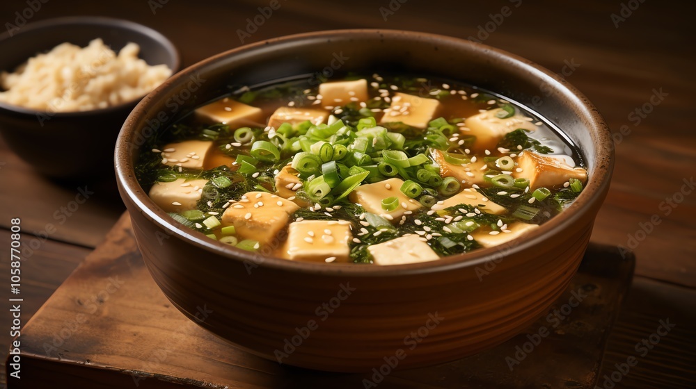 A bowl of miso soup with tofu, seaweed, and green onions, served with a side of rice. A bowl of miso soup with tofu, seaweed, and green onions, served with a side of rice.