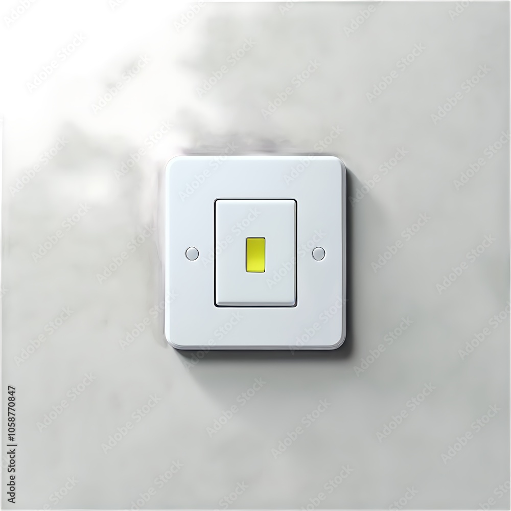 A white light switch with a yellow light indicator on a white marble wall. A white light switch with a yellow light indicator on a white marble wall.