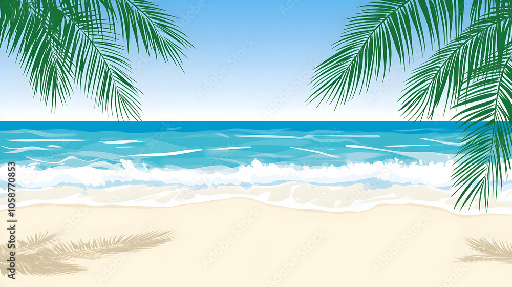 Tropical beach scene with palm leaves framing the blue ocean and white sand. Tropical beach scene with palm leaves framing the blue ocean and white sand.