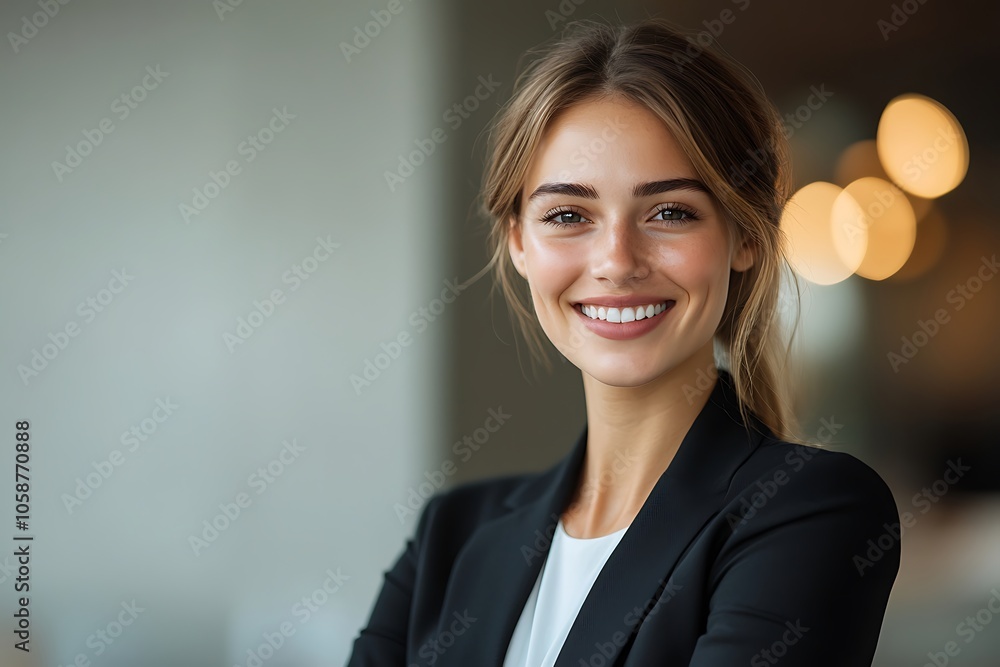 Happy Businesswoman in White Shirt and Black Blazer, Light Background. Happy Businesswoman in White Shirt and Black Blazer, Light Background.