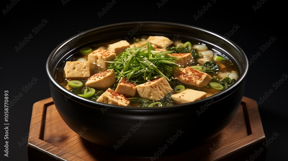 A bowl of miso soup with tofu, seaweed, and scallions on a wooden base. A bowl of miso soup with tofu, seaweed, and scallions on a wooden base.
