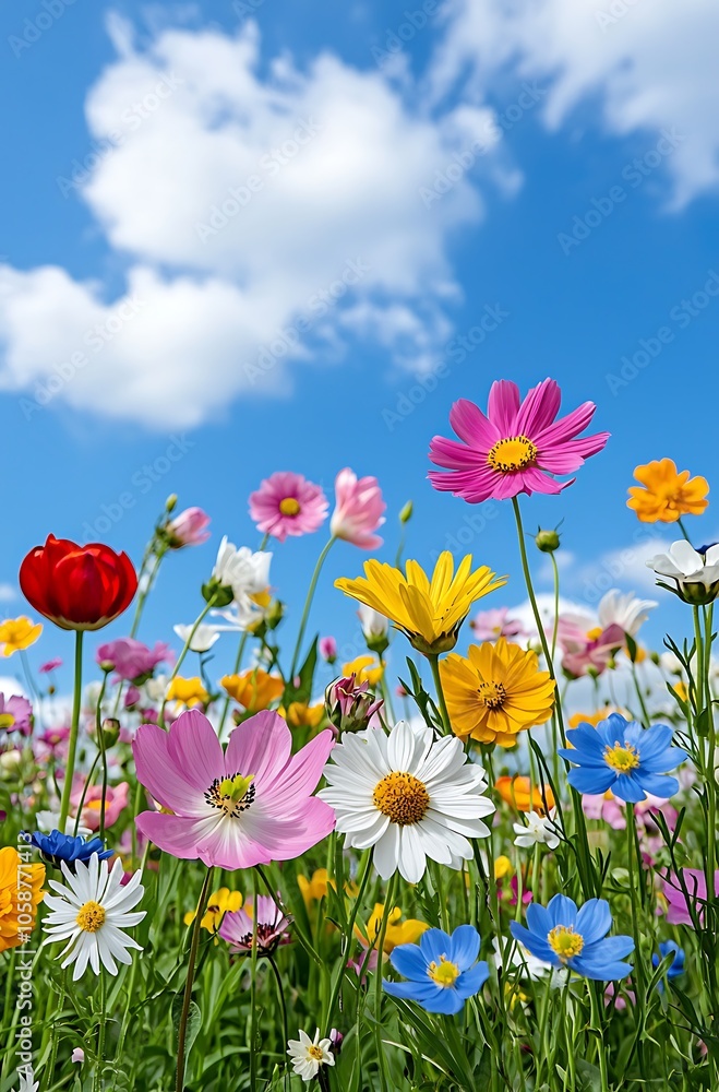 Colorful Wildflowers Bloom Under a Blue Sky Colorful Wildflowers Bloom Under a Blue Sky