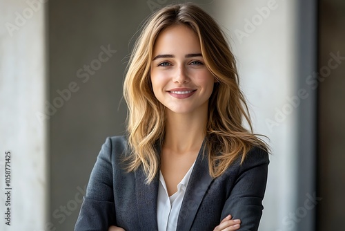 Happy Businesswoman Portrait with Long Blonde Hair Against Gray Wall