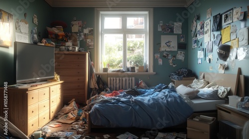 Messy Teenager's Bedroom with Sunlight Streaming Through Window