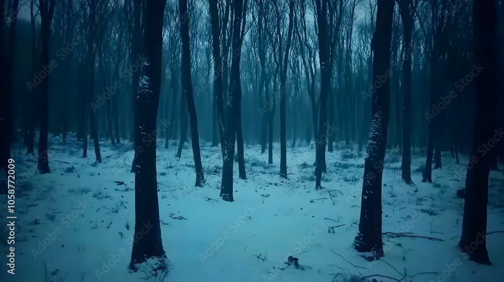 Fototapeta premium A dark, snowy forest with tall trees and a misty atmosphere.
