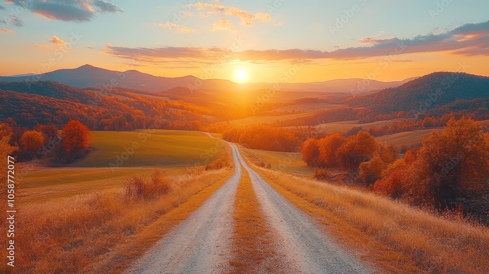 A winding dirt road leads through a valley with autumn foliage and a dramatic sunset over the mountains. A winding dirt road leads through a valley with autumn foliage and a dramatic sunset over the mountains.
