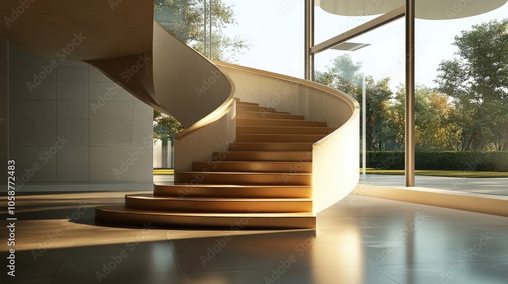 Obraz premium Modern minimalist staircase captured in a wide view, emphasizing its sleek design and clean lines. The image highlights the beauty of modern minimalism with ample copy space.