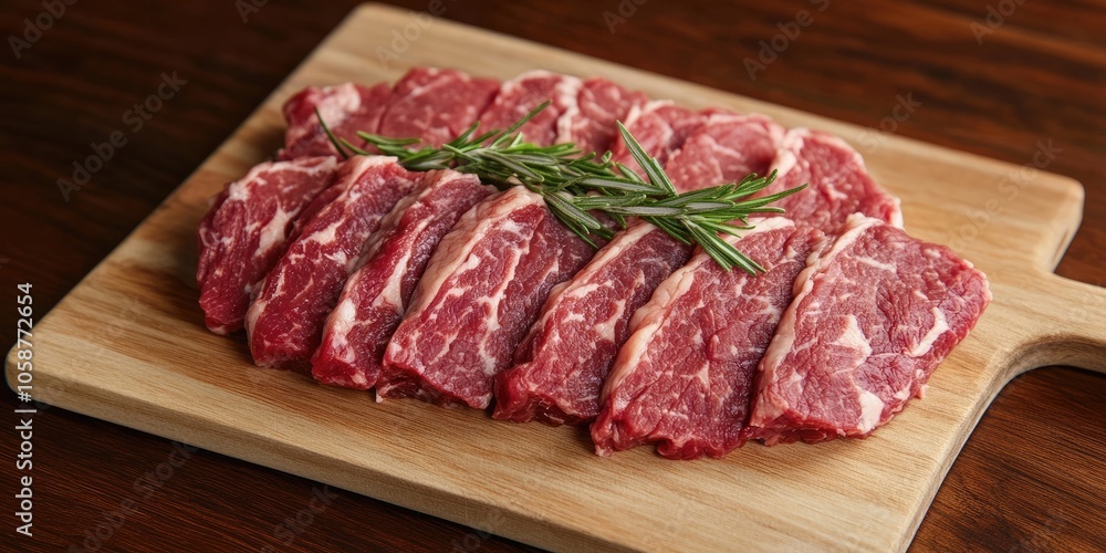 Recently cut meat enhanced with rosemary, placed on a cutting board for preparation and presentation. Recently cut meat enhanced with rosemary, placed on a cutting board for preparation and presentation.