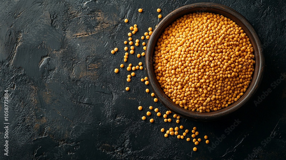 A bowl of yellow mustard seeds on a dark background. A bowl of yellow mustard seeds on a dark background.