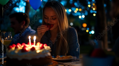 Young woman celebrating birthday with friends while eating strawberry cake.