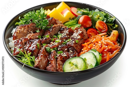 A bowl of teriyaki beef, rice, and vegetables.