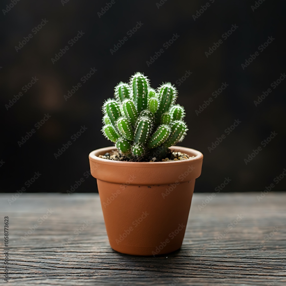 Miniature cactus in brown pot on rustic wooden table stock image Miniature cactus in brown pot on rustic wooden table stock image