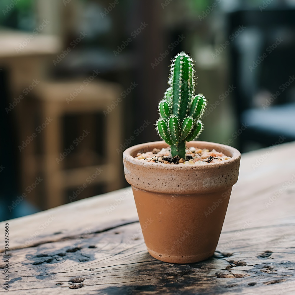 Miniature cactus in brown pot on rustic wooden table stock image Miniature cactus in brown pot on rustic wooden table stock image