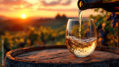 A close-up of a stemless glass of white wine is being poured in a vineyard at sunset. photo