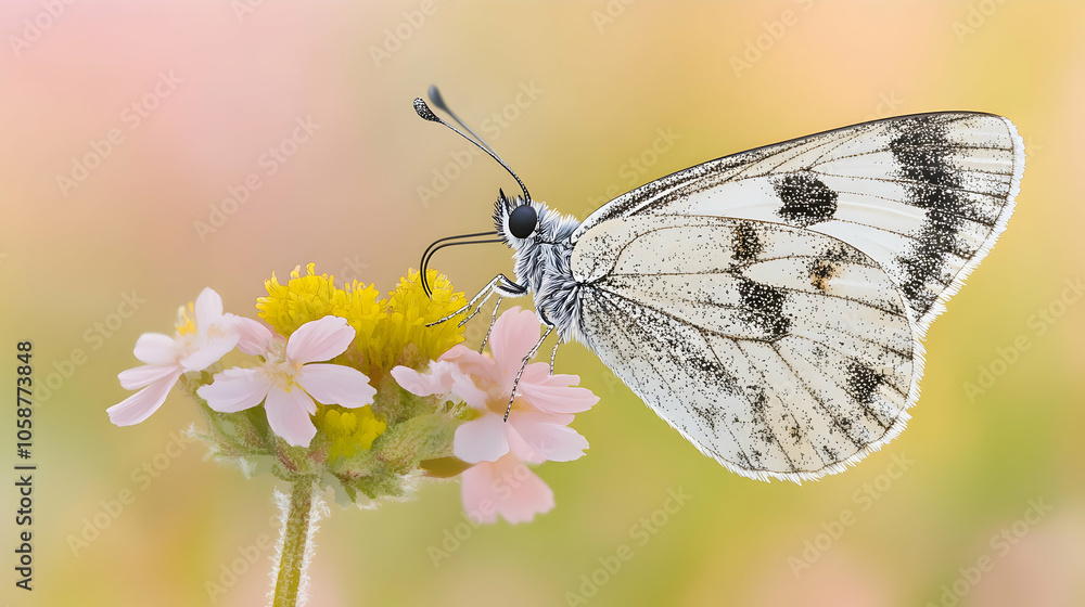 Naklejka premium A white butterfly with black spots sits on a pink flower with yellow center.
