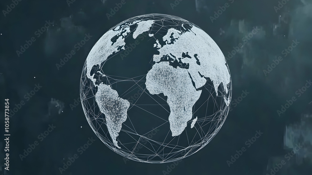 Fototapeta premium A white, digital globe with connecting lines on a dark blue background.