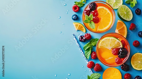 Refreshing summer cocktail with mint leaves, fruits, berries, and lime, beautifully arranged against a blue background, creating a perfect summer drink aesthetic with ample copy space.