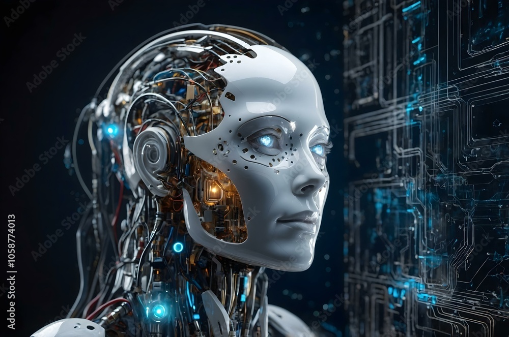Highly detailed robotic face with blue eyes, showcasing AI technology, futuristic designs, and the complexity of advanced robotics in a cybernetic setting. Highly detailed robotic face with blue eyes, showcasing AI technology, futuristic designs, and the complexity of advanced robotics in a cybernetic setting.