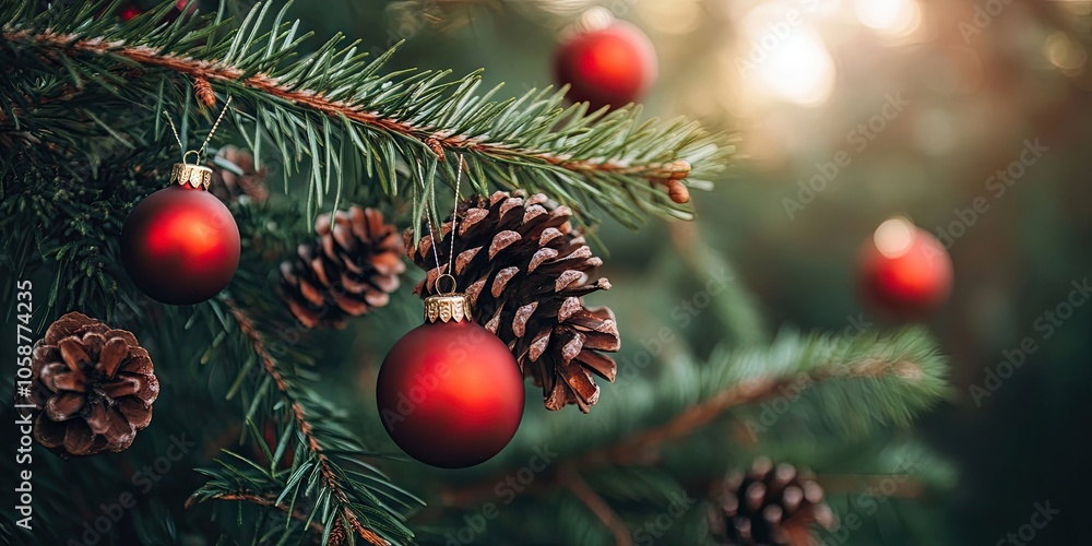 Branches of a Christmas tree are decorated with vibrant red baubles and natural pine cones for a festive and holiday inspired look. Branches of a Christmas tree are decorated with vibrant red baubles and natural pine cones for a festive and holiday inspired look.