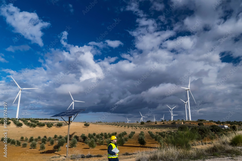 Engineer inspecting wind turbines and solar panel in sustainable energy farm