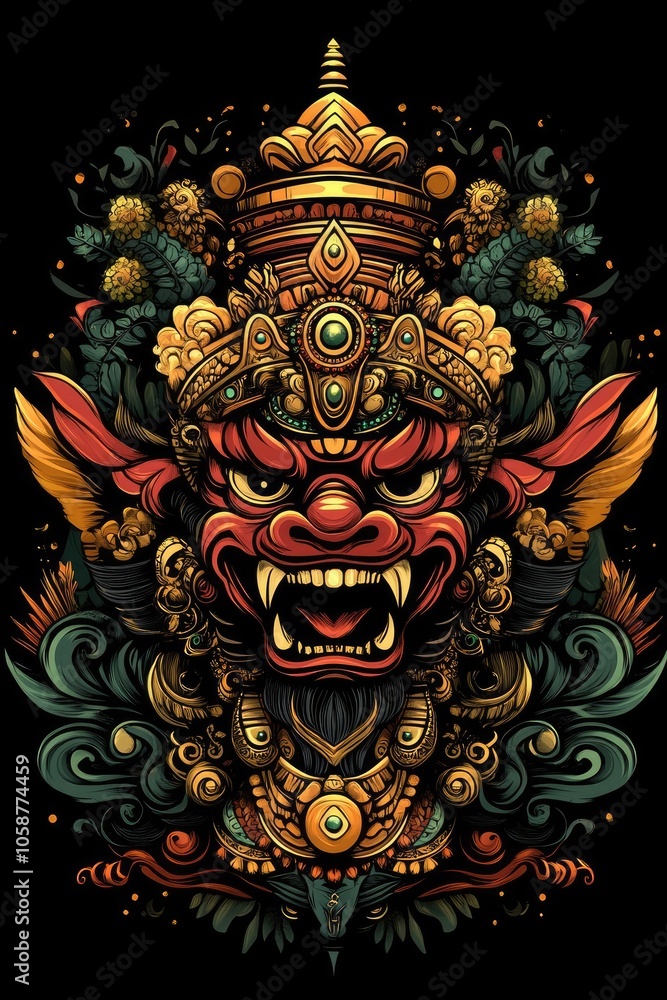Detailed Full-Color Illustration of Balinese Demon Mask for T-Shirt Print, No Background, Vibrant Colors Detailed Full-Color Illustration of Balinese Demon Mask for T-Shirt Print, No Background, Vibrant Colors