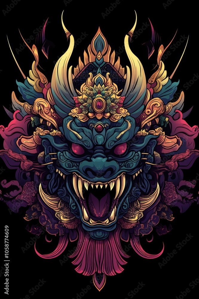 Obraz premium Detailed Full-Color Illustration of Balinese Demon Mask for T-Shirt Print, No Background, Vibrant Colors