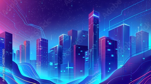 a futuristic cityscape where AI data streams flow like glowing rivers through skyscrapers and buildings, forming a vibrant network of information