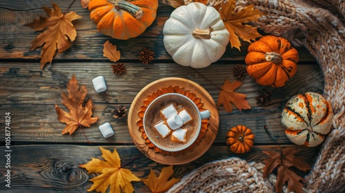 Autumn-themed cozy table setting with pumpkin, leaves, hot cocoa, marshmallow, halloween and thanksgiving decor, top view, copy space