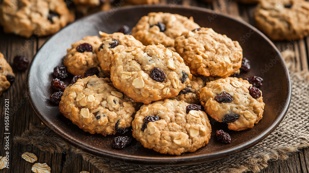 Oatmeal Cookies With Raisins on a Rustic Plate, Displayed Against a Wooden Background, Capturing the Warm, Homemade Feel Oatmeal Cookies With Raisins on a Rustic Plate, Displayed Against a Wooden Background, Capturing the Warm, Homemade Feel