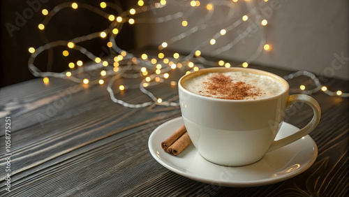 A Warm Mug of Coffee with a Cinnamon Garnish Resting on a Wooden Table Top with String Lights Out of Focus