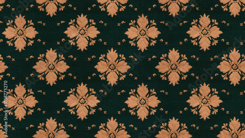 A close-up, top-down view of a hotel carpet in a rich burgundy color, featuring a classic floral pattern with gold accents