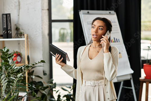 A young woman multitasks in a bright office space, talking on her phone and holding a tablet. photo