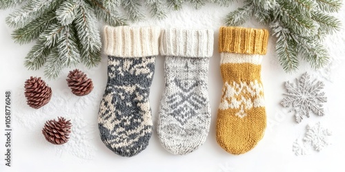 Comfy knitted mittens and socks set against a white backdrop, complemented by pine branches for a cozy winter vibe. Knitted socks and mittens enhance the chilly atmosphere. photo