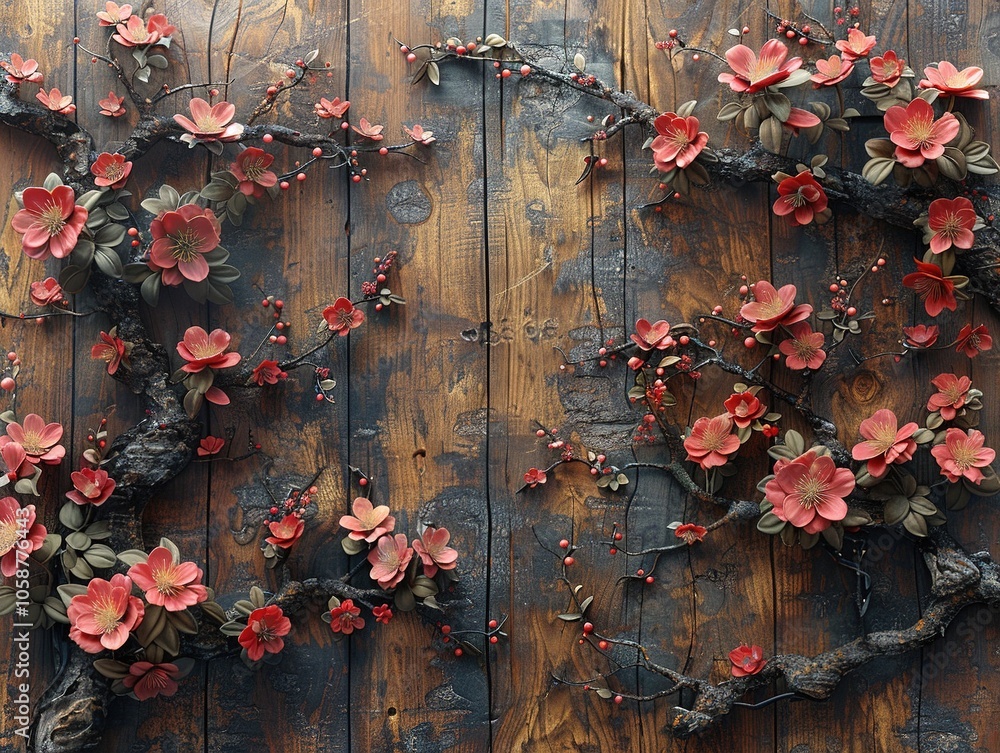 Fototapeta premium A decorative arrangement of flowers and branches on a wooden background.