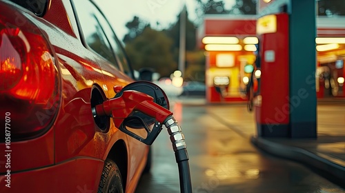 Fototapeta Naklejka Na Ścianę i Meble -  Car care concept with a focus on filling gas at a gas station, emphasizing the importance of regular car maintenance and fueling for optimal vehicle performance. Photo style includes ample copy space.