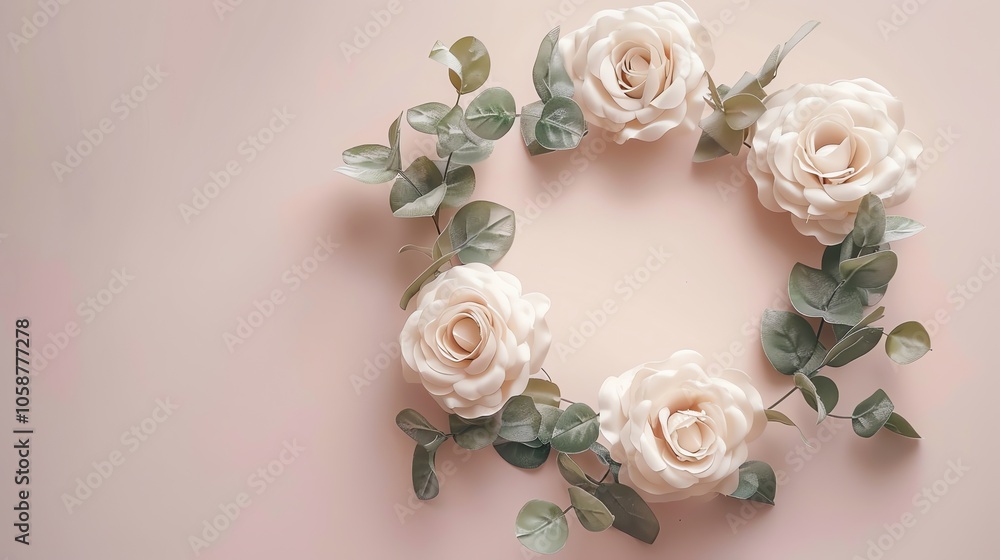 A circle of white roses and eucalyptus leaves on a blush pink background. A circle of white roses and eucalyptus leaves on a blush pink background.