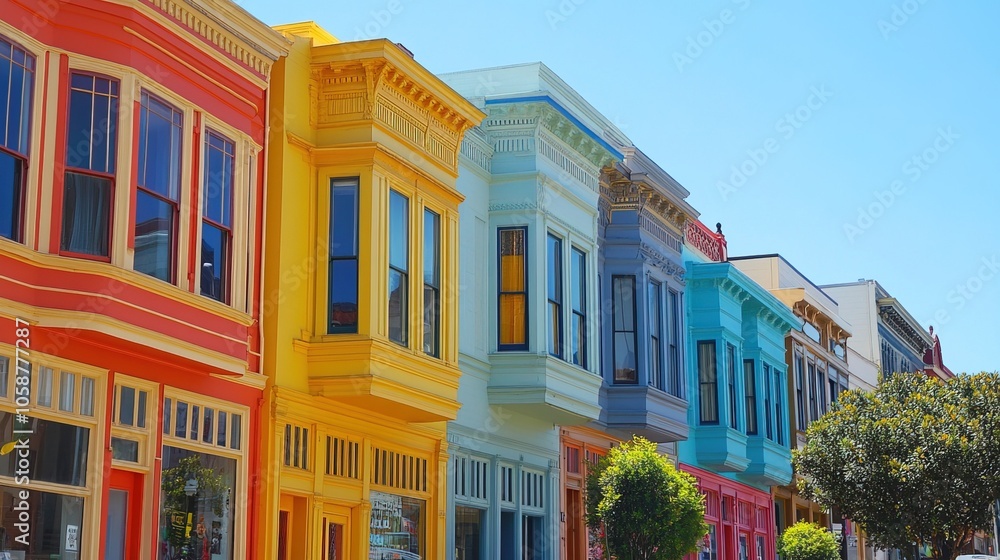 Naklejka premium Colorful historic storefronts line a clear sky