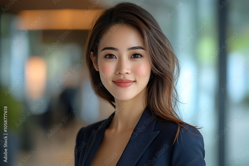 Professional Businesswoman in a Blue Suit Smiling Confidently in an Office Setting Professional Businesswoman in a Blue Suit Smiling Confidently in an Office Setting