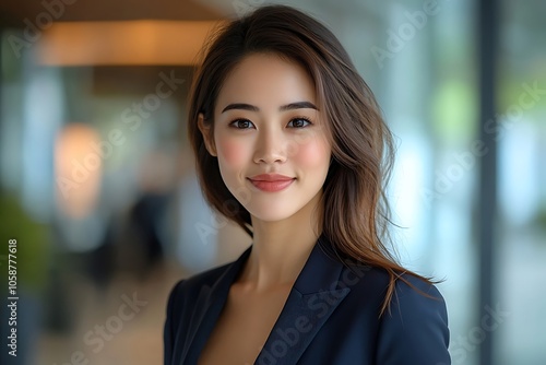 Professional Businesswoman in a Blue Suit Smiling Confidently in an Office Setting