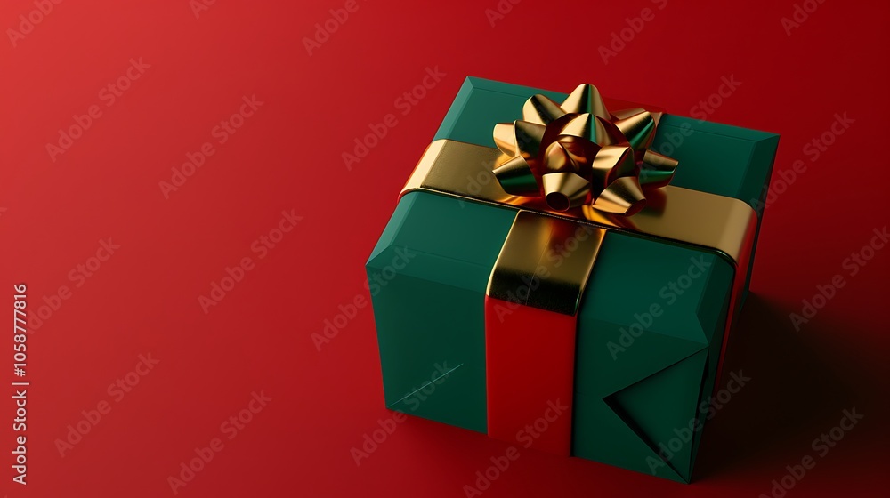 3D Festive Green Gift Box with Golden Bow on Red Background 3D Festive Green Gift Box with Golden Bow on Red Background
