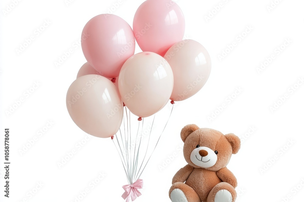 A delightful arrangement of soft pink balloons and an adorable teddy bear, creating a heartwarming atmosphere of joy and innocence. A delightful arrangement of soft pink balloons and an adorable teddy bear, creating a heartwarming atmosphere of joy and innocence.