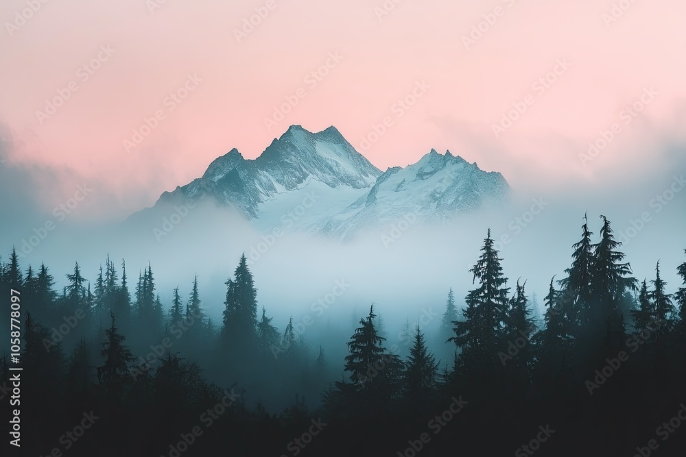 Fototapeta premium View of the mountain range with snow on top, soft pink sky.