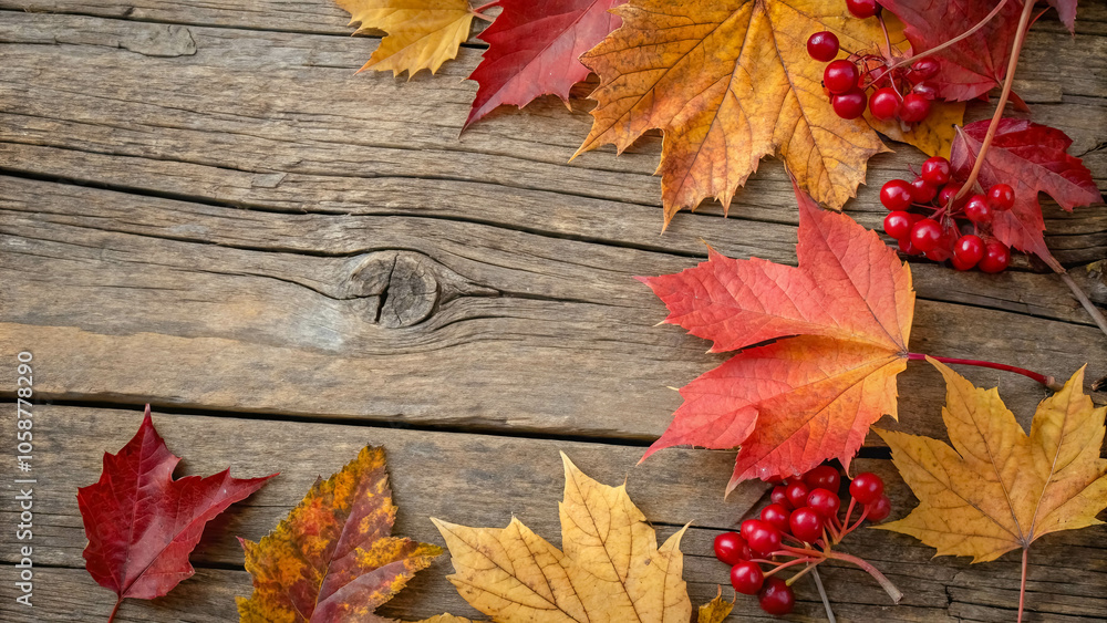 Obraz premium A Rustic Wooden Background Adorned With Vibrant Autumn Foliage, Including Red, Yellow, and Orange Maple Leaves and Clusters of Crimson Berries