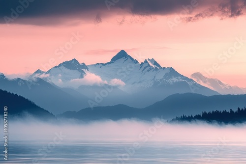 View of the mountain range with snow on top, soft pink sky.