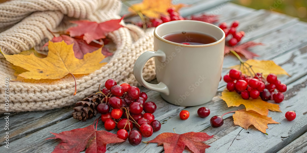A Cozy Autumn Scene with a Cup of Warm Beverage, Vibrant Fall Leaves, and a Knitted Scarf A Cozy Autumn Scene with a Cup of Warm Beverage, Vibrant Fall Leaves, and a Knitted Scarf