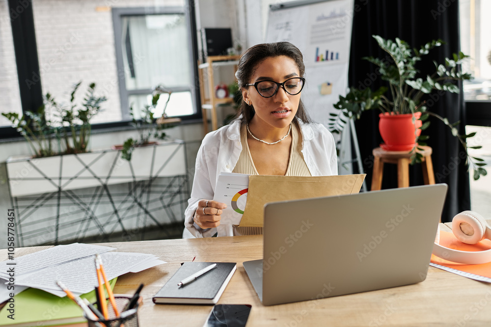A young professional reviews documents and data while engaged in her work at a stylish office. A young professional reviews documents and data while engaged in her work at a stylish office.