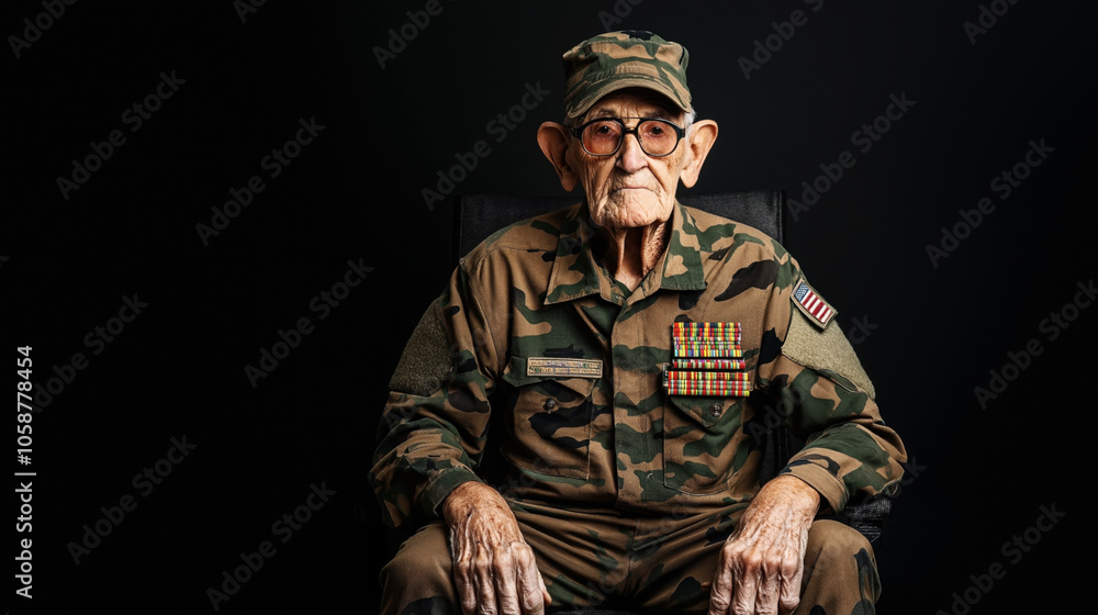 Elderly man in military uniform with camouflage design sitting on a chair, displaying medals and an American flag patch on his shoulder, against a black background. Elderly man in military uniform with camouflage design sitting on a chair, displaying medals and an American flag patch on his shoulder, against a black background.